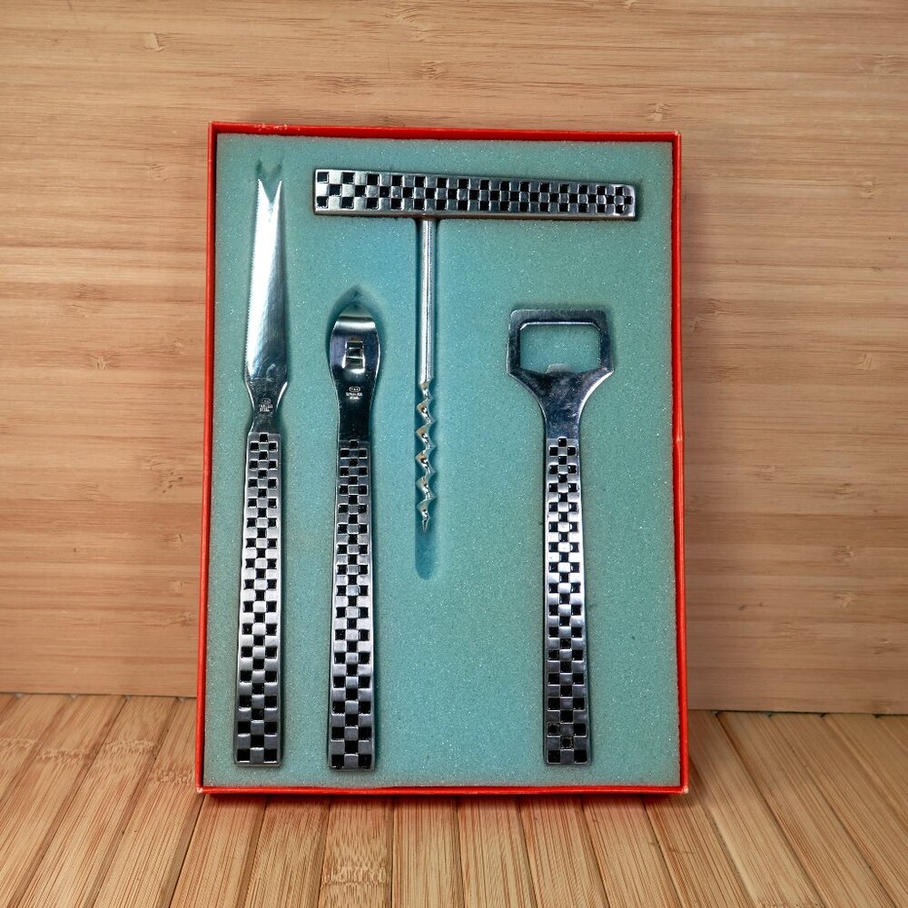 Vintage 60s YAX Bar Set 4 pieces Stainless Steel, Teak Wood, Checker Flag Series